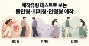 ‘애착유형 테스트로 보는 불안형·회피형·안정형 애착’이라는 제목 아래 세 쌍의 인물을 연결하는 얽힌 끈, 길게 늘어진 끈, 부드럽게 이어진 끈으로 각 애착유형의 관계 패턴을 표현한 이미지입니다.